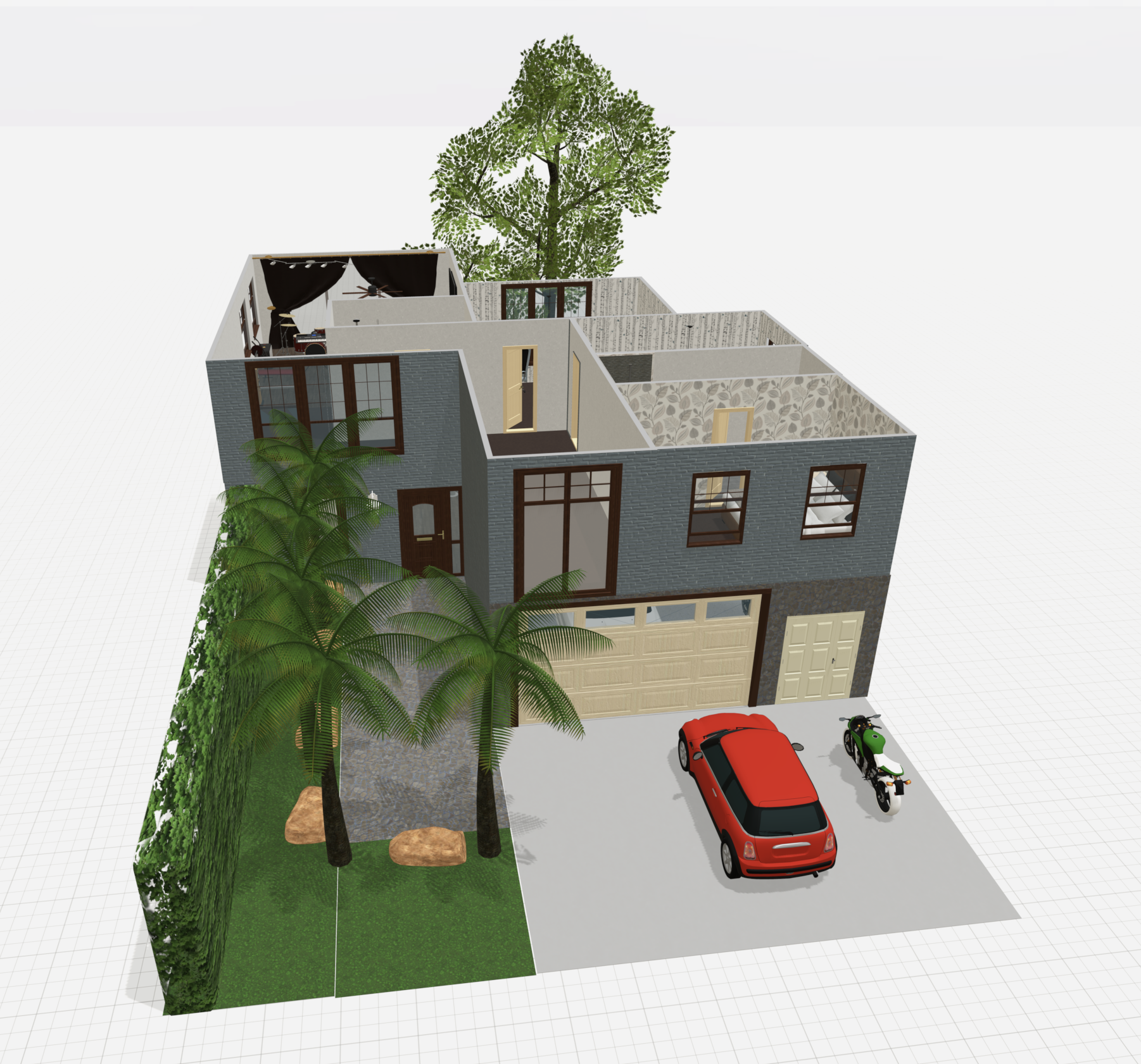 Planner 5D model of a gray two-story home with a garage, palm trees, and an exposed upper-floor layout