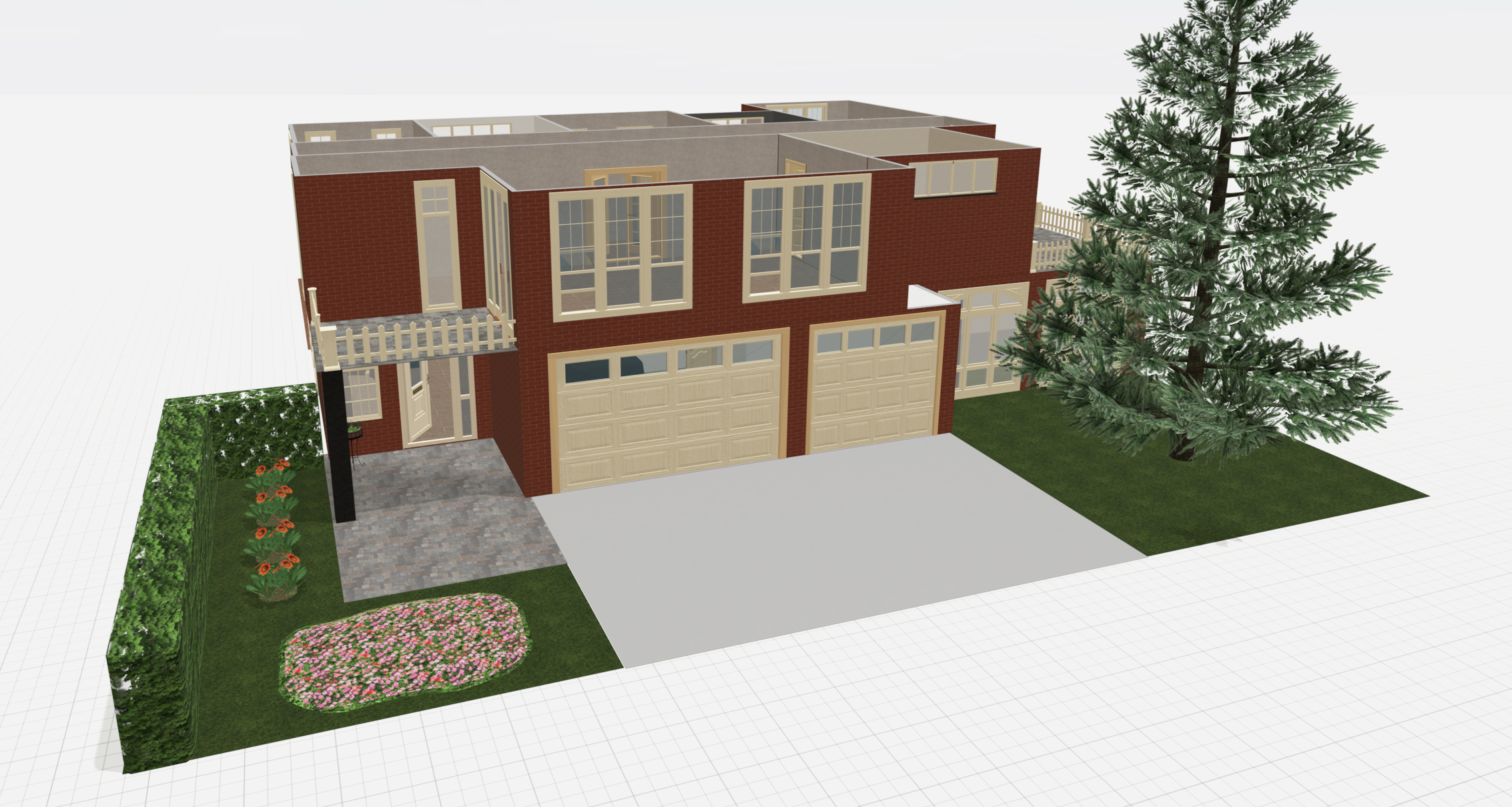 Planner 5D model of a red-brick two-story home with large windows, garages, a balcony, and landscaping